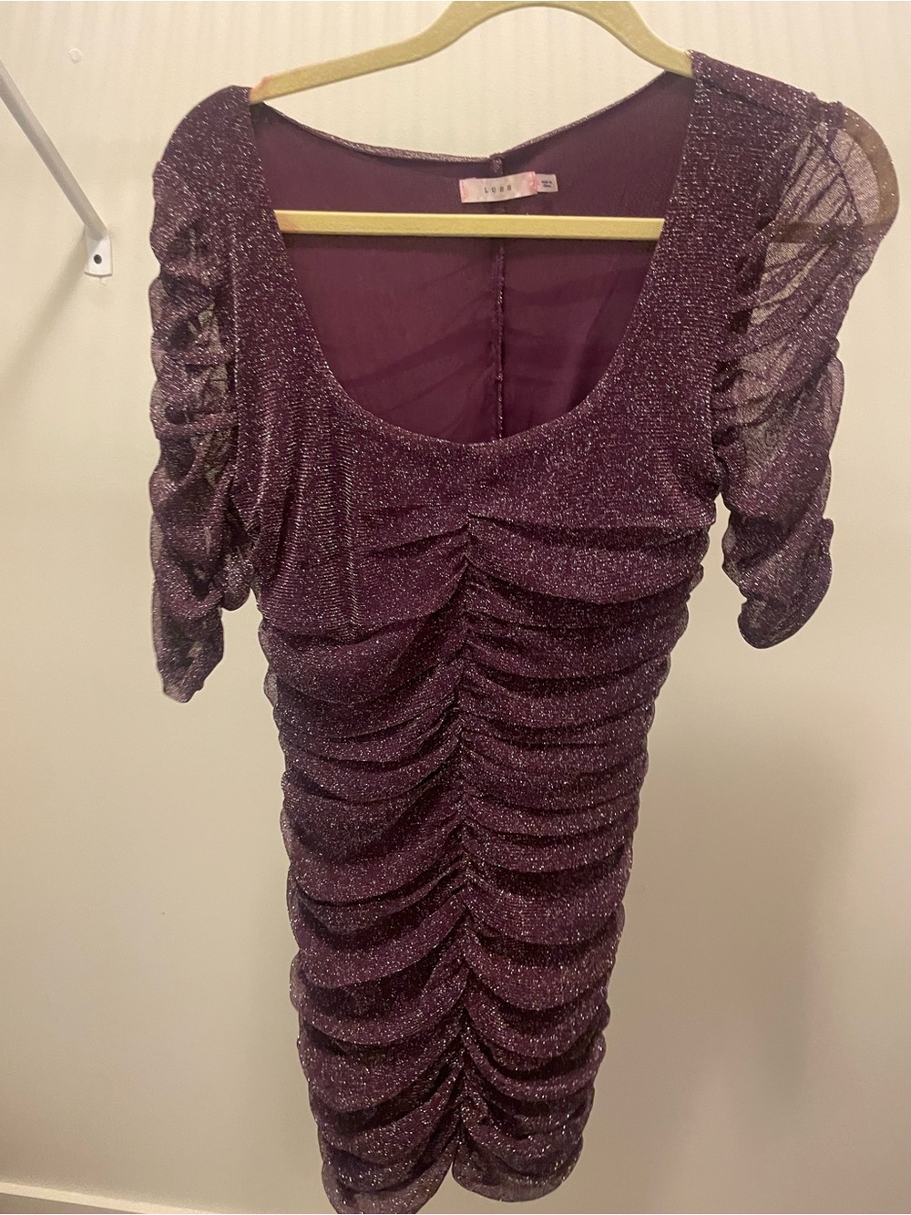 Lush Glitter Ruched Plum Midi Dress